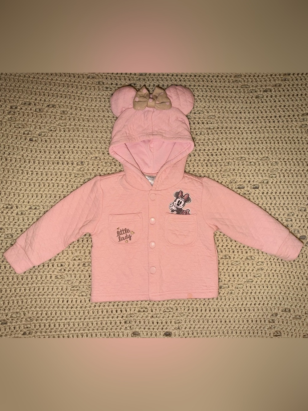 Disney Baby Minnie Mouse Quilted Hooded Jacket Snap Front Pink 12M